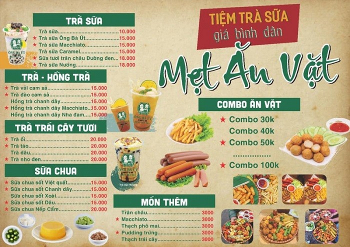 Menu đồ ăn vặt và đồ uống đa dạng tại quán Ông Bà Út