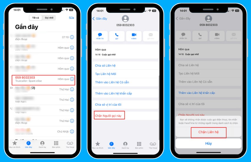 Điện thoại iPhone hiển thị màn hình cài đặt cuộc gọi với tùy chọn chặn người gọi