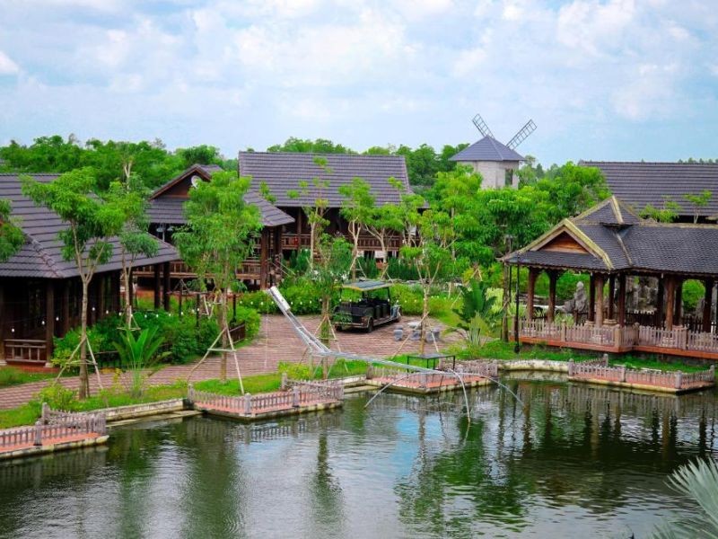 Cảnh quan xanh mướt với hồ bơi và các bungalow tại Thư Duy Resort
