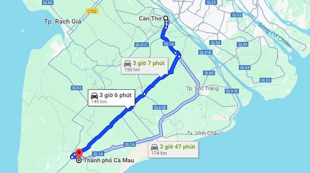 Khoảng cách Cần Thơ đi Cà Mau