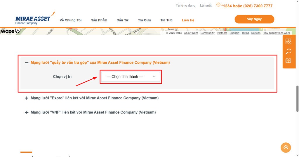 Hướng dẫn tìm kiếm mạng lưới quầy tư vấn trả góp của Mirae Asset trên website