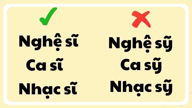 Minh họa cách viết đúng "nghệ sĩ", "ca sĩ", "nhạc sĩ" so với cách viết sai dùng "sỹ"